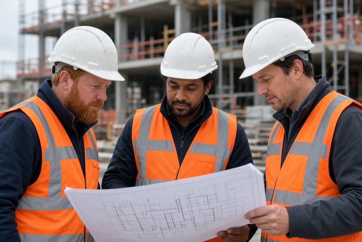 Vakmannen van PK Infratech overleggen op de bouwplaats